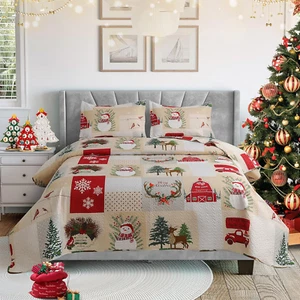 Christmas Quilt Set King Size 3-Piece Xmas Bedspread Reversible Coverlet Snowman - Picture 1 of 7