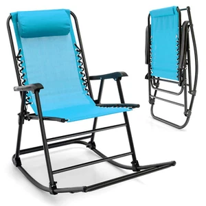 Patio Camping Rocking Chair Folding Rocker Footrest Lightweight Outdoor Blue - Picture 1 of 11
