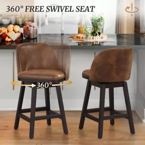 New 26" Brown Wood Swivel Bar Stools Set of 2 Faux Leather Cushioned Seats - Picture 1 of 12