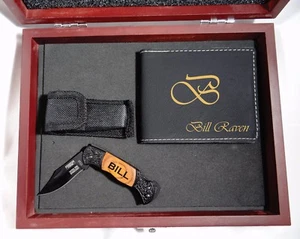 2 Personalized Gift Set Engraved Pocket Knife Leather Wallet Groomsmen Gift box - Picture 1 of 2