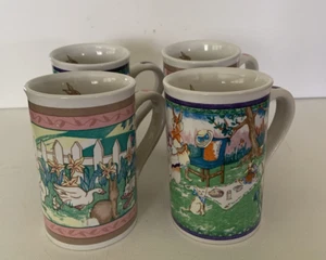 Set of 4 Easter Design Coffee Tea Mugs Pink Purple Bunnies Rabbits - Picture 1 of 6