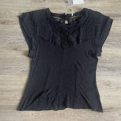 Free People Babydoll Top Black SM Linen Blend Cut Out Embroidered Flutter Sleeve - Image 1 of 4