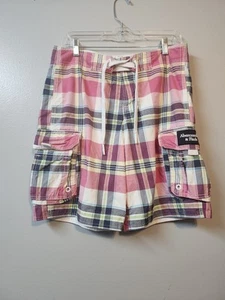 Abercrombie & Fitch Men's S Plaid Cargo Swim Board Shorts Blue Pink Green White - Picture 1 of 7