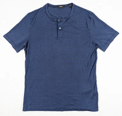 Theory Henley Shirt Mens Large Gaskell Anemone Blue Striped Stretch Short Sleeve - Image 1 of 4