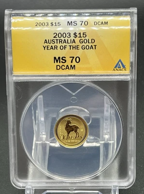 2003 $15 Australian Lunar-Year of Goat 1/10 Oz .9999 Gold Coin ANACS MS70 DCAM - Image 1 of 4