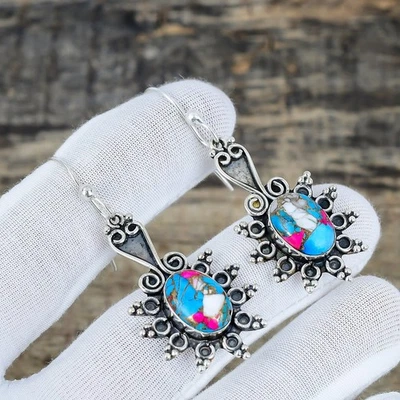Cotton Candy Spiny Turquoise Gemstone 925 Sterling Silver Jewelry Earring Gift - Image 1 of 4