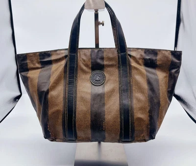 FENDI Pecan Pattern Handbag Totebag Boat-shaped Brown Black PVC Vintage - Image 1 of 4