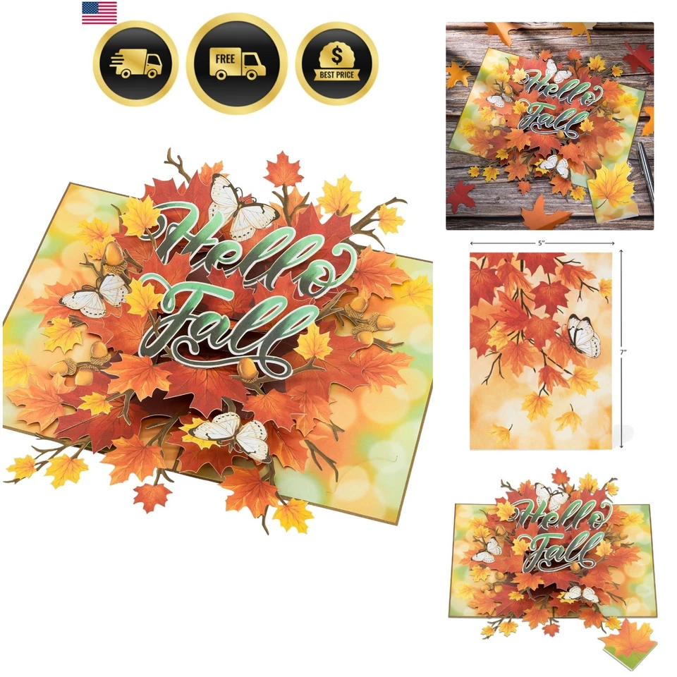 Tarjeta emergente de otoño 3D hojas de arce mariposas florales tarjeta de felicitación Foto 1 de 4