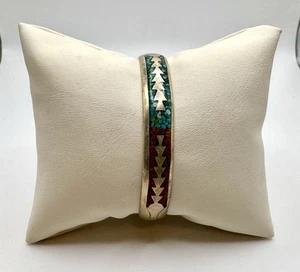 Gilbert Ortega Shop Navajo Sterling Silver Coral Turquoise Chip Cuff Bracelet - Picture 1 of 7