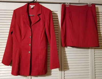 Chaqueta Falda Traje Vintage Dawn Joy Talla 11/12 Rojo Poliéster Spandex Hecho en EE. UU. Foto 1 de 4