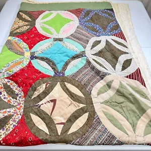vintage handmade quilt twin double wedding ring 66x89 rustic primitive - Picture 1 of 12