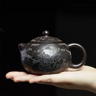 Handmade Tea Pot Dragon Carved Certificate Paper Master Pot Dragon Carved 9 Hole - Image 1 of 4
