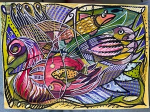 Pamela Wilhelm original 5”X7” Ink & Watercolor Birds Fish Rich Colors Patterns - Picture 1 of 2