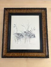 Vintage Denmark European Hare Baby Bunnies Framed Matted Print Signed Mads Stage