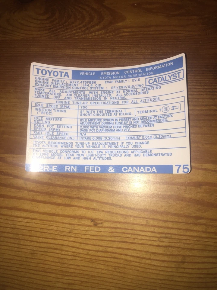 Toyota 1986 camioneta pickup/4runner información de emisiones calcomanía repro pegatina FED 22re #75 Foto 1 de 1