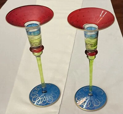 Pair Of Pier 1 Multicolor Mouth Blown 10” Party Taper Candle Holders With Box - Image 1 of 4