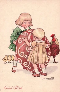 Glad  Pask Axel Mathiesen  Artist Girls Egg Rooster  Easter vintage postcard - Picture 1 of 2