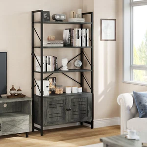 5 Tier Modern Bookshelf Bookcase Storage Cabinet Doors Wooden Display Rack Home - Picture 1 of 18