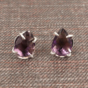 Faceted Pear Shape Purple Quartz Silver Plated Handmade Push Back Stud Earrings 