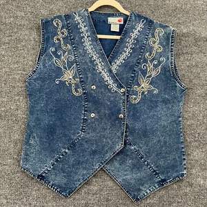Vintage License Womens Denim Vest Size L Embellished Acid Wash Double Breasted - Picture 1 of 10
