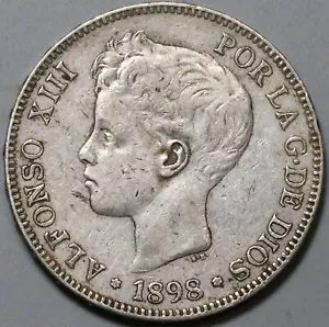 1898 Spain 5 Pesetas Silver Alfonso XIII VF Madrid Mint Crown Coin (24091801R) - Picture 1 of 2
