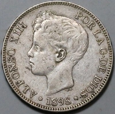 1898 Spain 5 Pesetas Silver Alfonso XIII VF Madrid Mint Crown Coin (24091801R) - Image 1 of 2