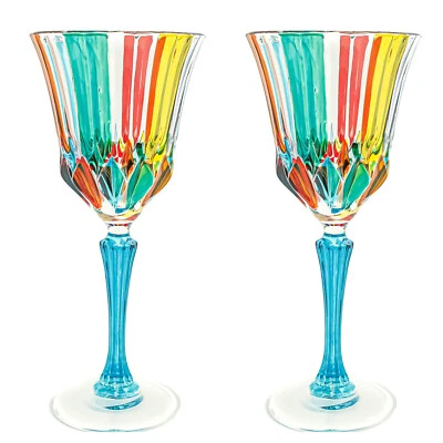 Pair of Murano Wine Glass Multi Light Blue Stem Hand Painted Venice - Image 1 of 4