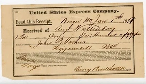 Recibo de United States Express Company 1879 Augf Wattenberg a John R. Kohaus - Imagen 1 de 2