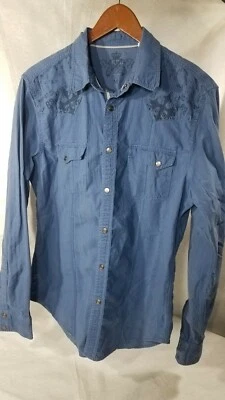 GUESS Men’s Blue Long Sleeve Snap Button Up Shirt 1981 Graphic Size M - Image 1 of 4