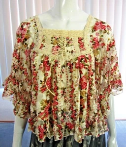 Toska Short Sleeve Cropped Blouse Floral S Small Ivory Red Square Neck - Imagen 1 de 8