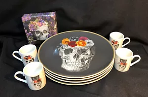 Harvest Green Skull Floral Gold Rim Dinner Plates Espresso Cups Halloween Napkin - Picture 1 of 6