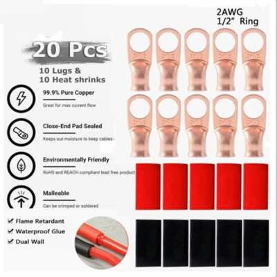 RED/BLACK Heat Shrink Tubing LUGS (10) 2AWG Gauge Copper Ring Terminals 1/2" - Image 1 of 4