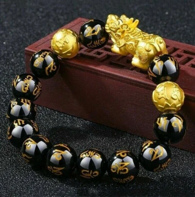  Feng Shui Black Obsidian Beads Bracelet Attract Wealth & Good Luck Bangle pixiu - Image 1 of 4