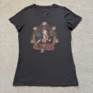 VTG Y2K Lucky Brand Crew Neck T-Shirt Size S Buddha Floral Gray Short Sleeve USA - Picture 1 of 8