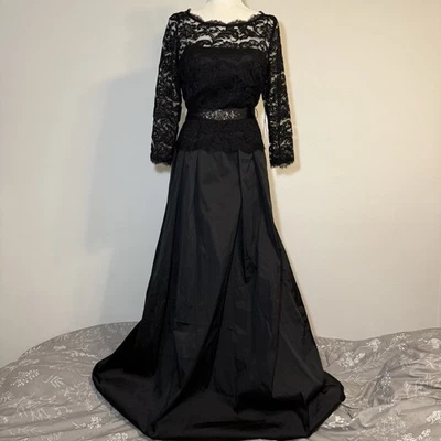NWT Adrianna Papell Formal Maxi Dress Size 10 Black Lace Top Beaded Belt - Image 1 of 4
