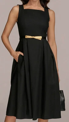 Precioso Vestido Forrado de Lino Línea A Cinturón Donna Karan NY Nuevo con Etiquetas, Negro, 8, $199 Foto 1 de 4