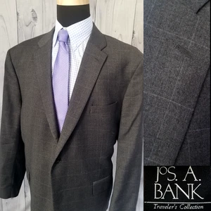 Jos A Bank Traveler Mens Wool Blazer 50r - 52r Gray Windowpane Sport Coat Jacket - Picture 1 of 19