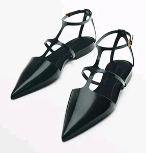 Massimo Dutti Patent Leather Pointed Toe Strappy Sandals Black Size uk 4 eu 37 - Picture 1 of 7