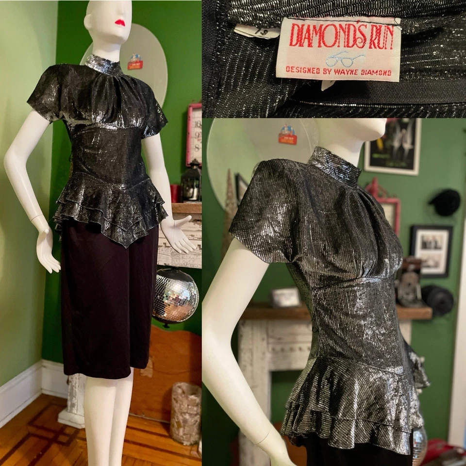 Vtg 70s Milkmaid Drop Waist Sheer Metallic Silver Party Dress 7/8 Disco 36/28 - Image 1 of 4