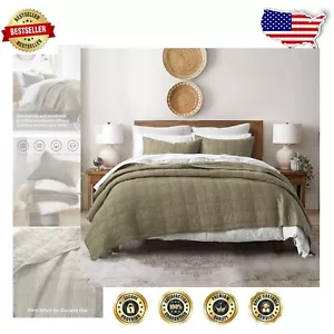 Luxurious Olive Green 3-Piece King-Size Quilt Set - Pre-Washed Cotton Comfort - Picture 1 of 9
