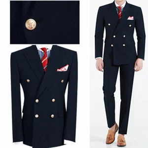Azul Marino Hombres Traje Doble Pecho Novio Esmoquin Boda Baile de graduación 2 Piezas Blazer Pantalón - Imagen 1 de 9