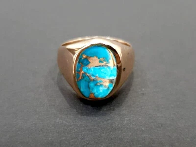 Solid 925 Sterling Silver Natural Copper Turquoise Oval Gemstone Men's Gift Ring - Image 1 of 4