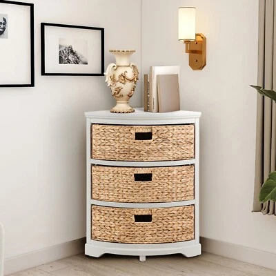 3 Tier X-Side Corner Table Storage Cabinet with 3 Wicker Baskets (Collectible)