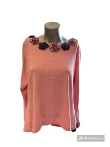 Design Options Philip &Jane Sweater Size Large Sequin Flowers Pink and Black - Picture 1 of 8