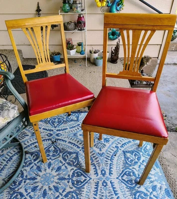 Par de sillas de comedor plegables vintage de madera Leg-O-Matic asiento rojo mediados de siglo modernas Foto 1 de 4