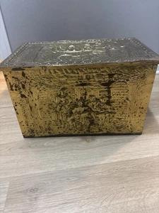 Vintage Handmade Embossed Brass Covered Wood Kindling Box Fireplace Chest - Picture 1 of 8
