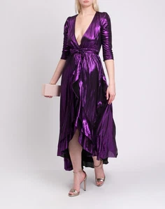 RRP €880 RETROFETE Flora Wrap Dress Size L Ruffled Purple Gathered Asymmetric - Picture 1 of 10