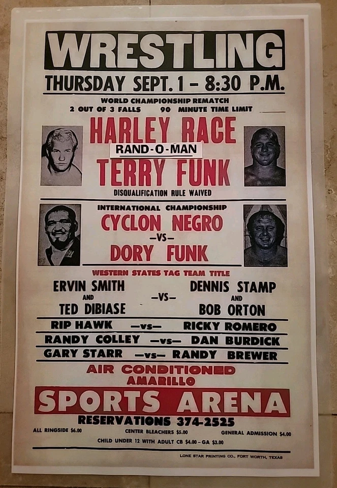  Texas Wrestling Poster Harley Race vs Terry Funk "World Title 90 Minutes" - Image 1 of 1