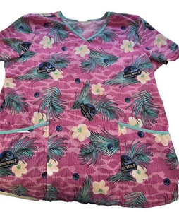 Scrubs Scrub Top Jurassic Park World Dominion Pink Hawaiian Floral Dinosaur L - Picture 1 of 4