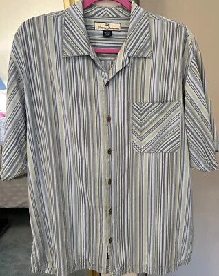 Camisa Tommy Bahama 100% Seda Talla M Relax Campamento Azul Rayas Bolsillo Botones Extra Foto 1 de 4